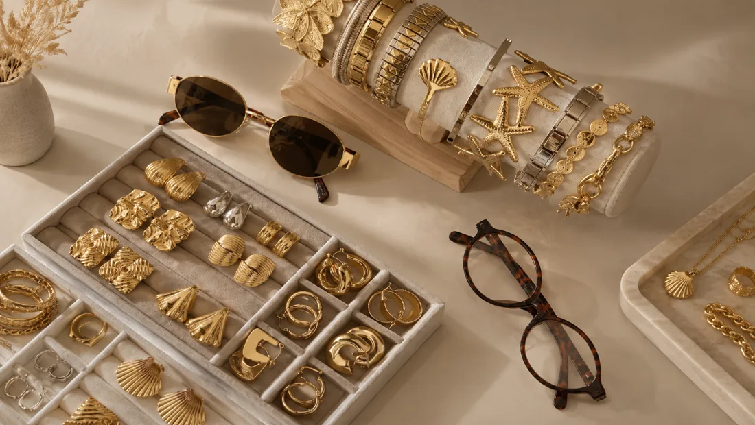 Créoles, bracelets et lunettes dorés