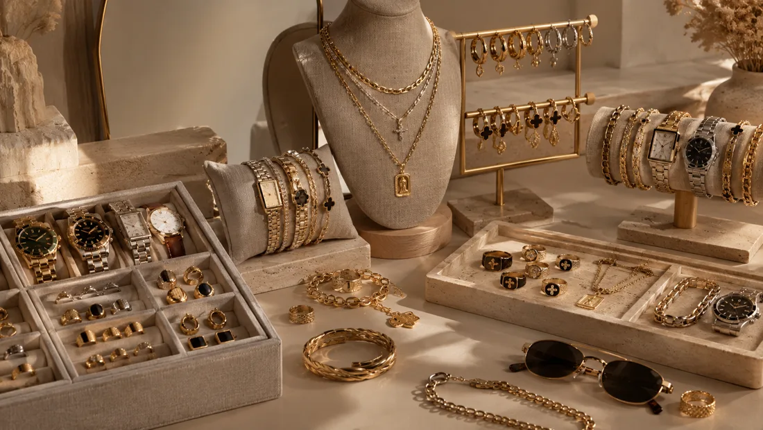 Montres et bijoux dorés en vitrine